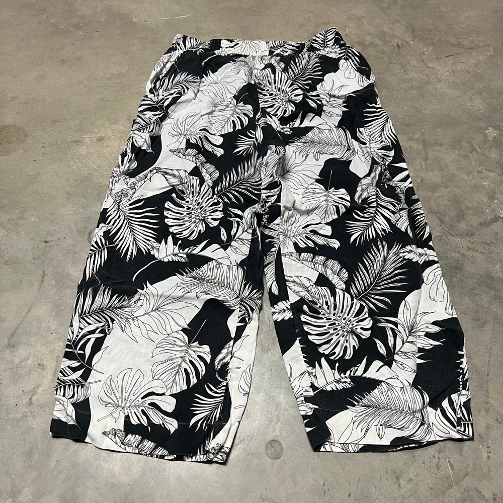 Christian Siriano New York 100% Linen Tropical Palm Print Wide Leg Pants Large